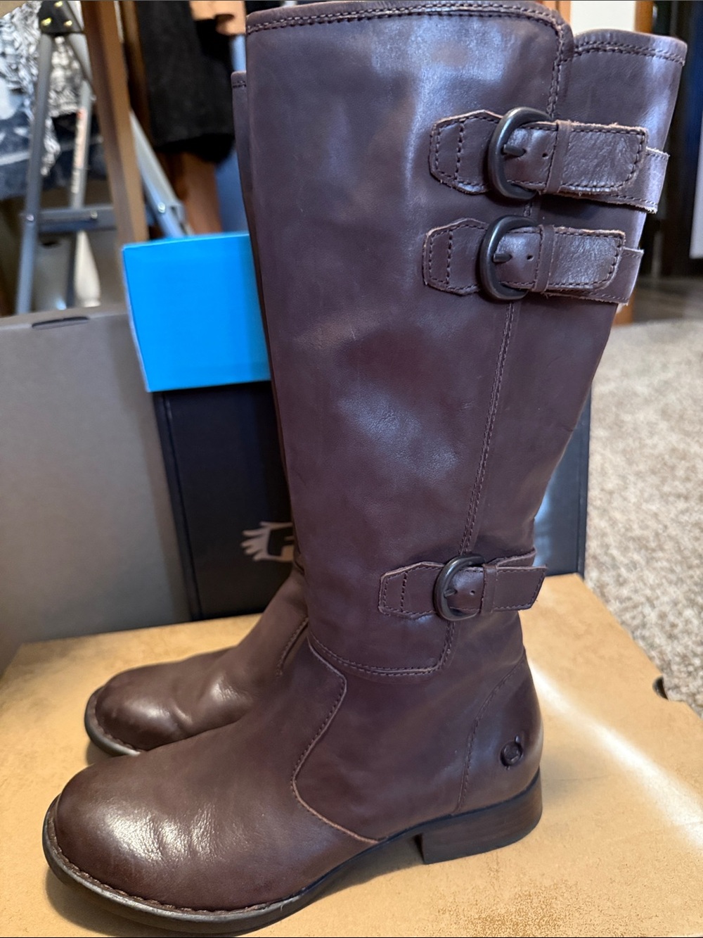 Born Brown Tall Leather Buckle Heeled Boots